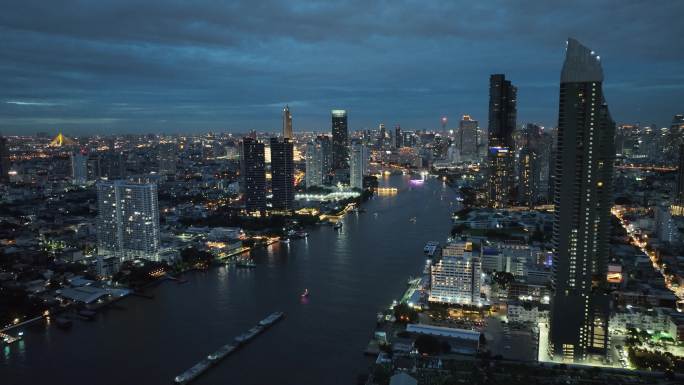 泰国曼谷湄南河城市高楼夜景航拍风光