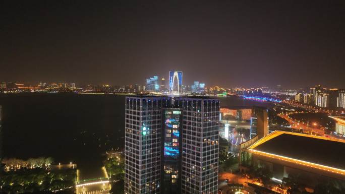 4K航拍苏州园区金鸡湖城市夜景