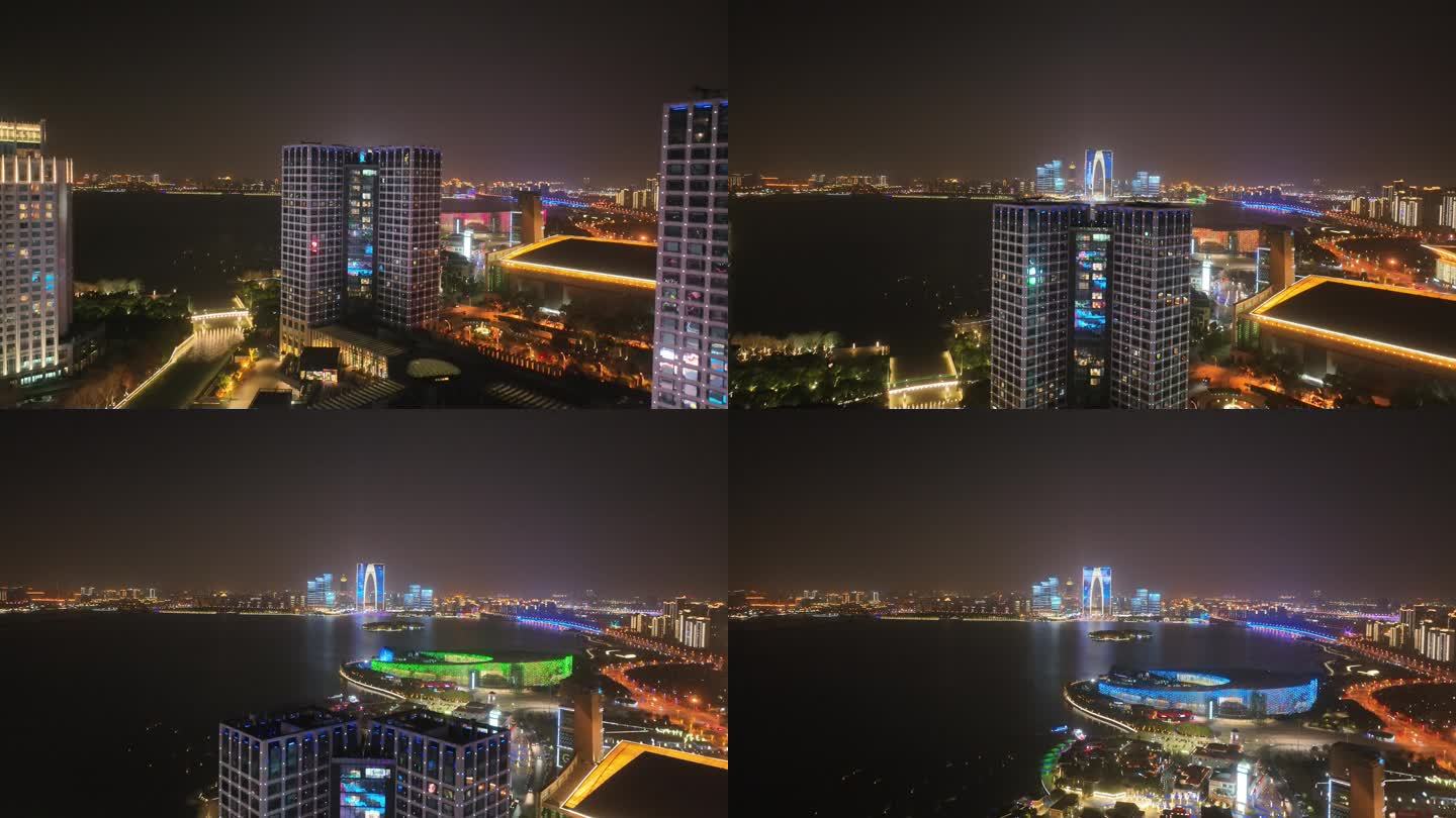 4K航拍苏州园区金鸡湖城市夜景