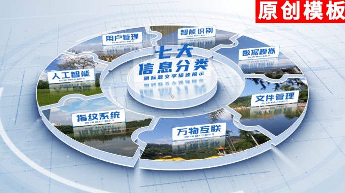 7-蓝色饼状图类型图片分类AE模板包装七