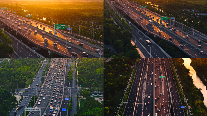 落日下的城市高架公路车水马龙