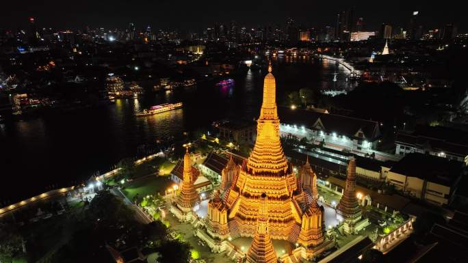 原创 泰国曼谷郑王庙城市航拍夜景