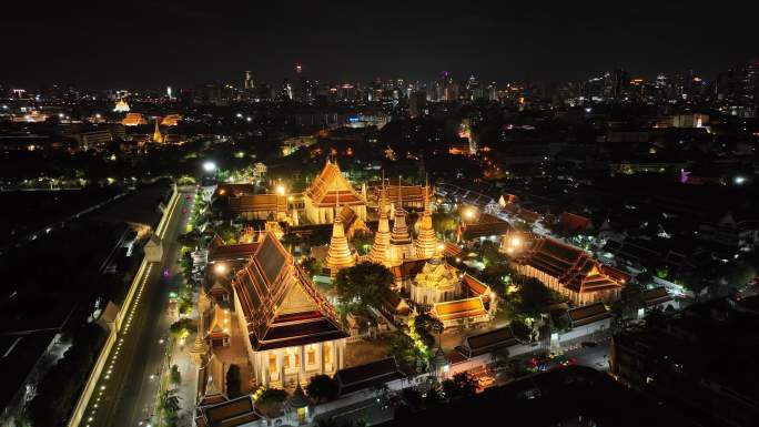 原创 泰国曼谷卧佛寺大皇宫城市航拍夜景