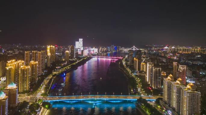 航拍福州闽江夜景闽江两岸延时福州夜景