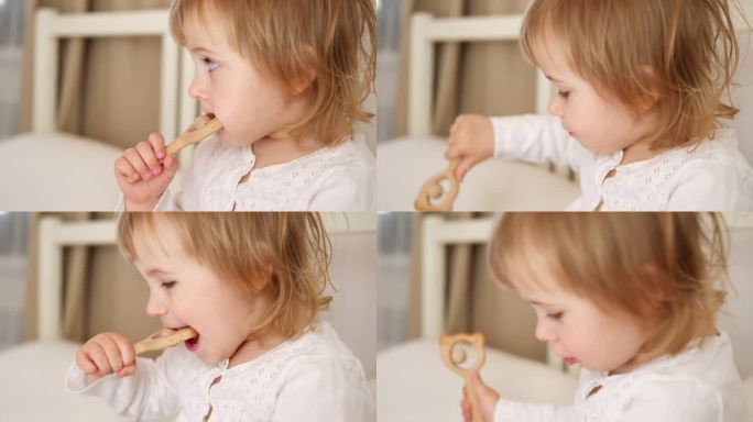 可爱的女婴玩触觉木制玩具。幼儿手玩感官按摩球。增强认知、生理过程。大脑发育。支持患有多动症、自闭症、