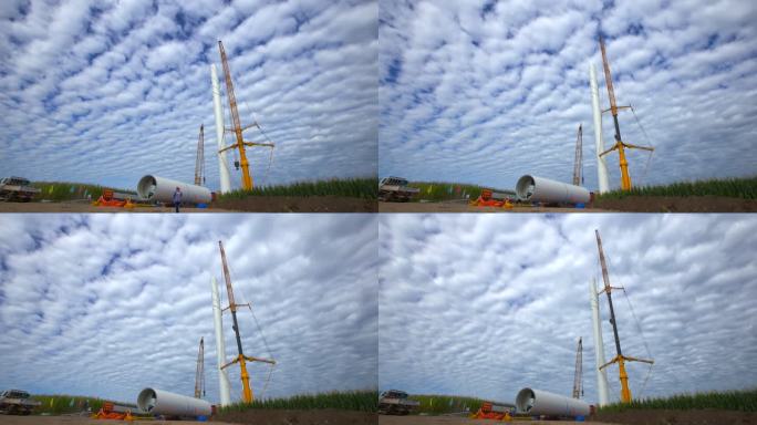 蓝天白云下风机建设 风机安装吊装
