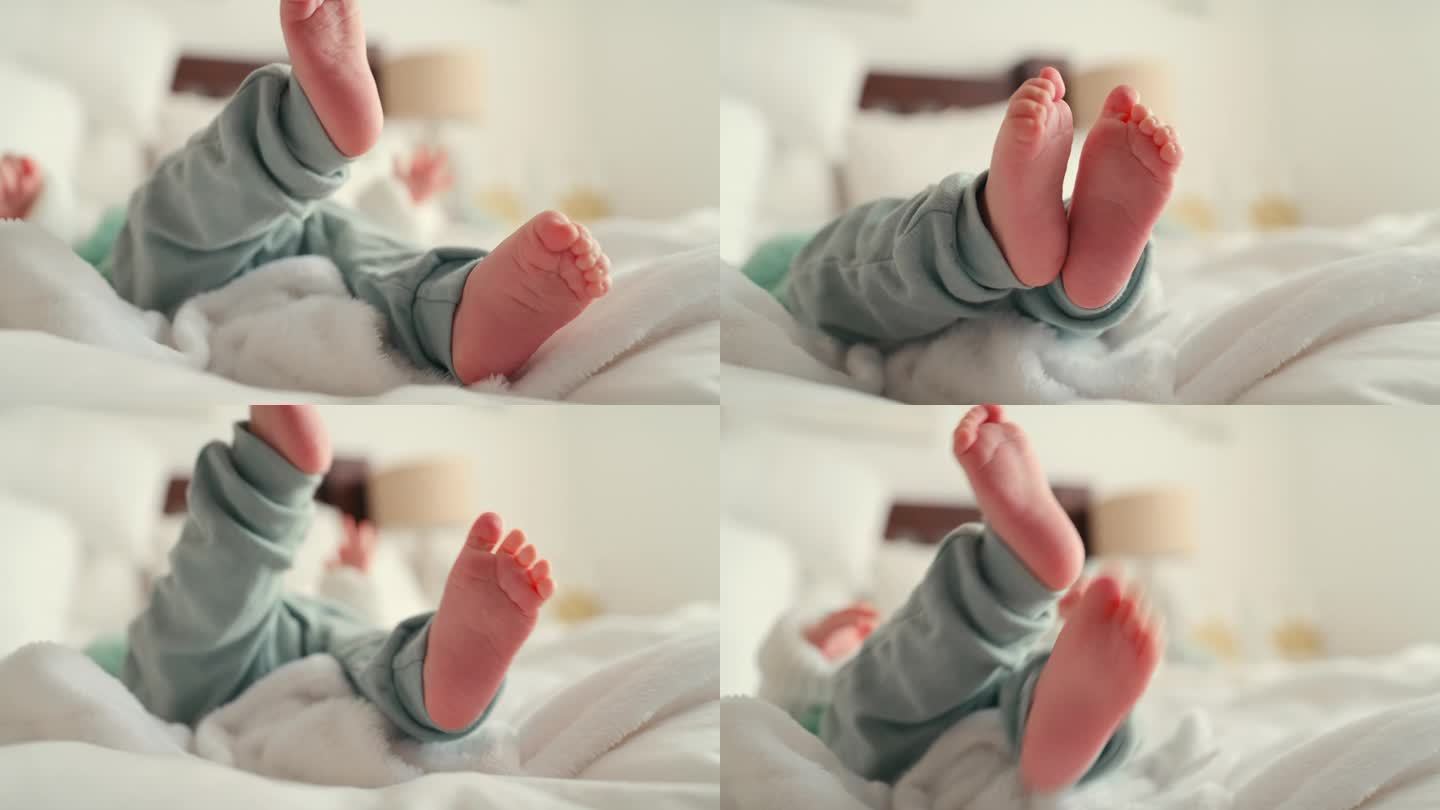 特写，婴儿的脚和鞋底在床上在家里的发展，踢和运动技能，健康和成长的移动。刚出生的婴儿，脚或在托儿所玩
