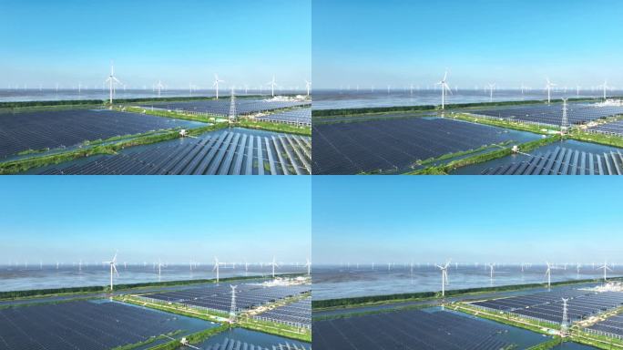 太阳能光伏发电站和风力发电场风车航拍