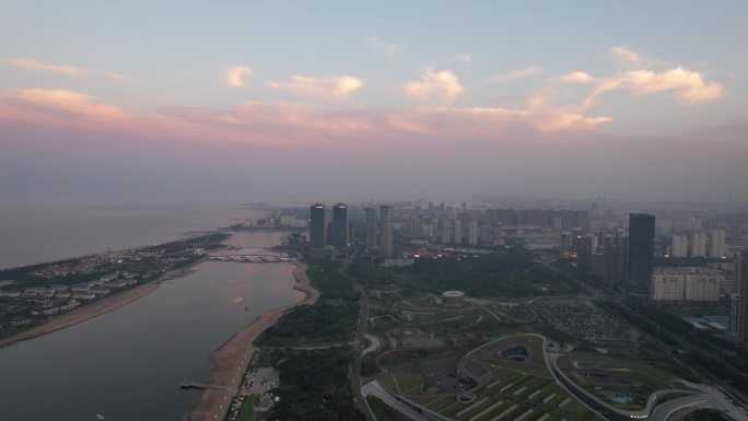 山东日照城市夕阳晚霞日落航拍 (21)