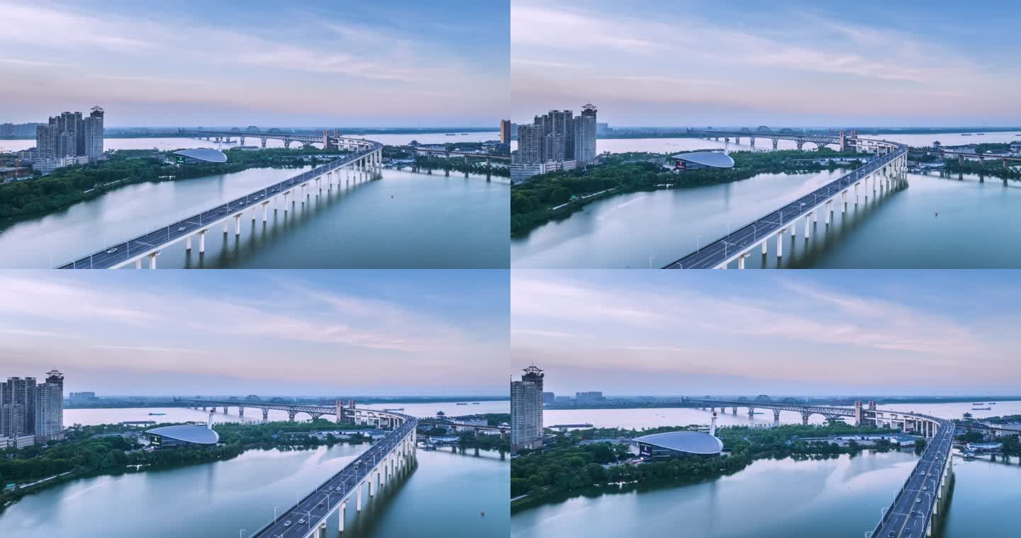 九江长江大桥黄昏航拍延时