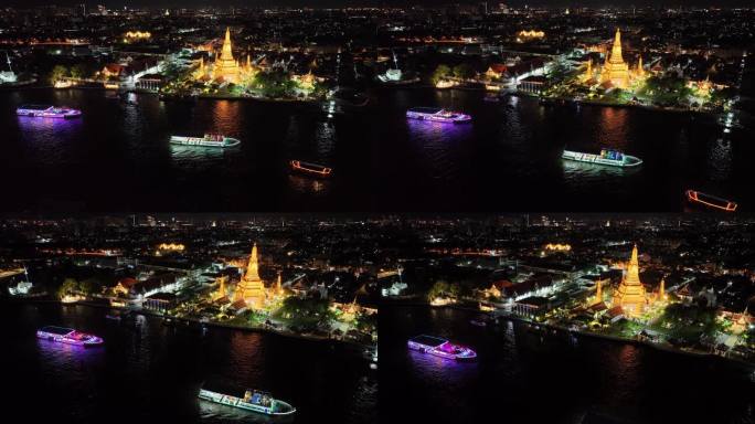 原创泰国曼谷湄南河郑王庙夜景航拍风光