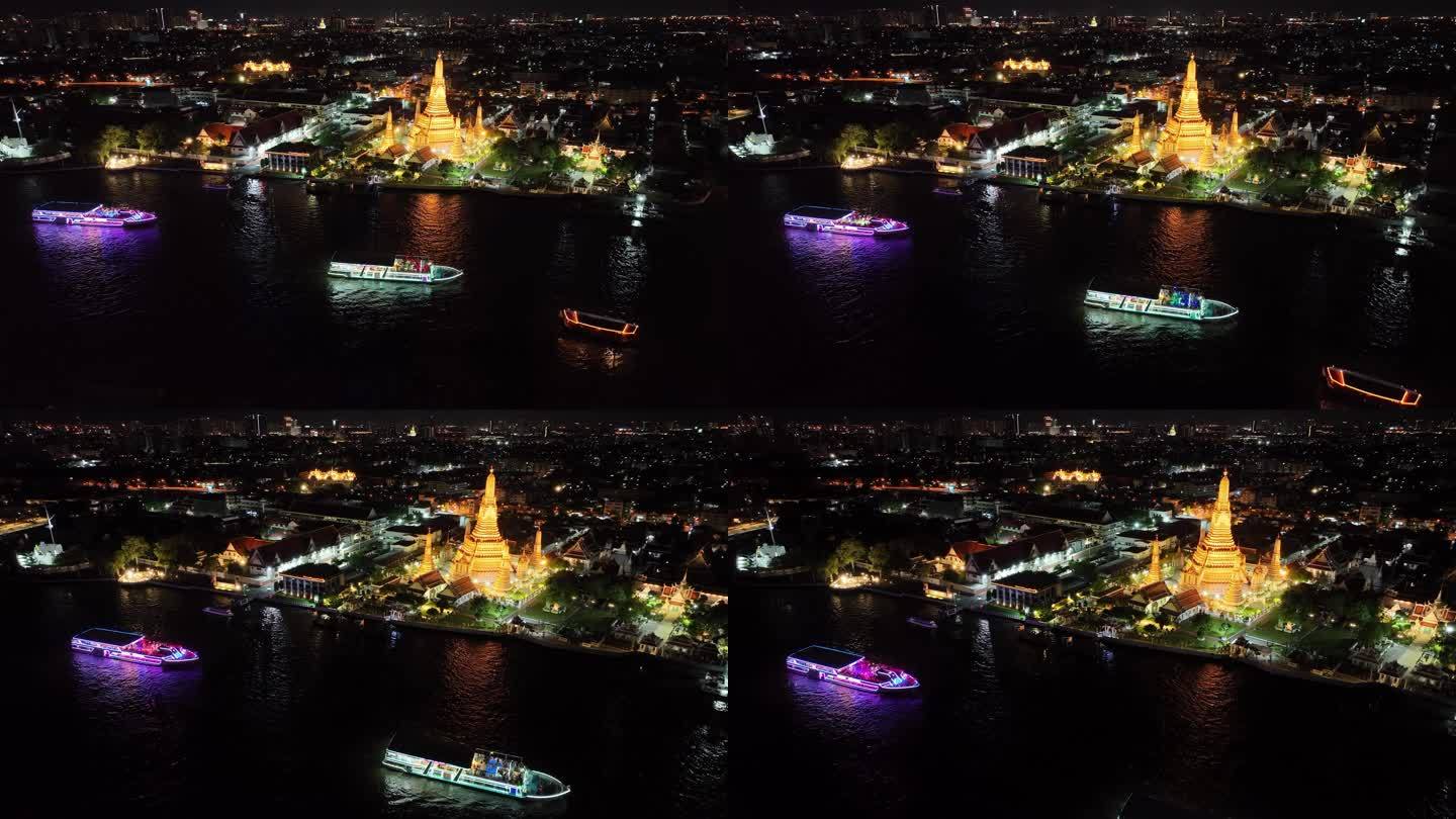 原创泰国曼谷湄南河郑王庙夜景航拍风光