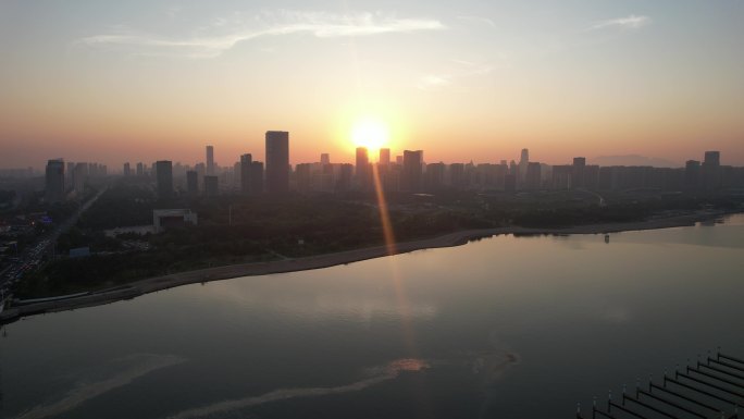 山东日照城市夕阳晚霞日落航拍 (2)