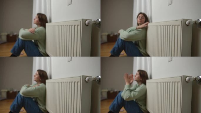 家用暖气片，背景是年轻女子坐在地板上揉着胳膊说话。侧视图无法辨认的白人女士在家里做热身。