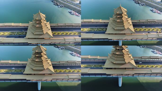 航拍侗族风雨桥造型的广西柳州凤凰岭大桥