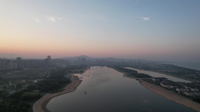 山东日照城市夕阳晚霞日落航拍 (6)