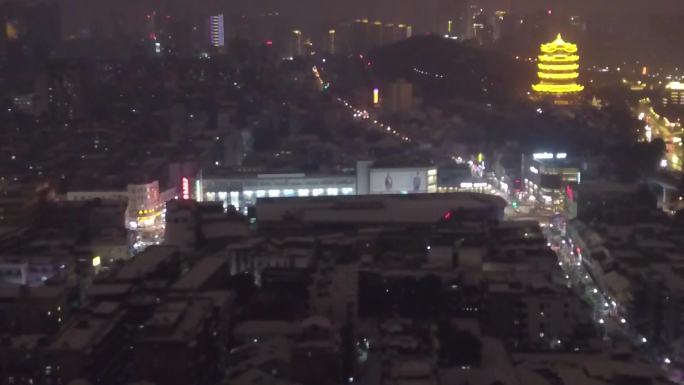 下雪的黄鹤楼司门口长江大桥夜景航拍