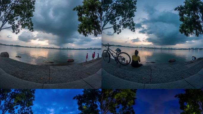 武汉东湖边游客人来人往日转夜延时摄影