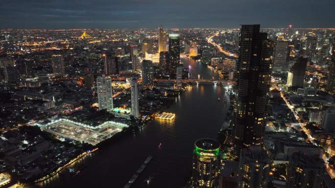 航拍泰国曼谷湄南河城市高楼夜景风光