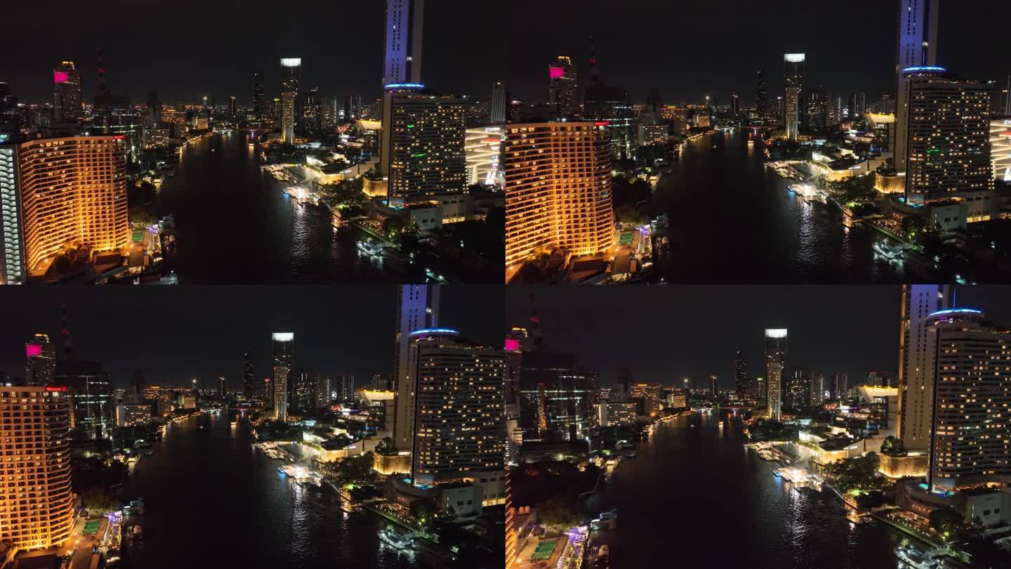 泰国曼谷昭披耶湄南河城市高楼夜景航拍风光
