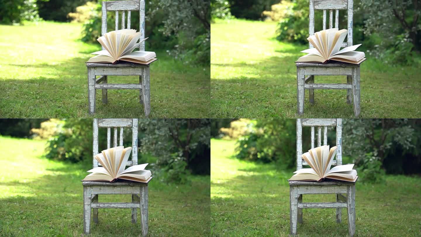 在夏天的早晨，绿色的草地上，在一张旧的小椅子上打开书