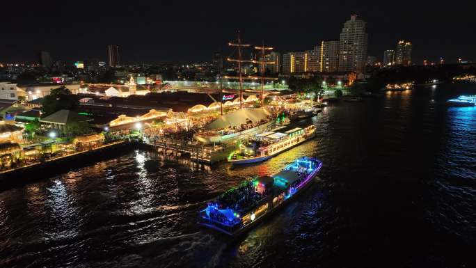 航拍泰国曼谷河滨亚洲夜市夜游湄南河风光