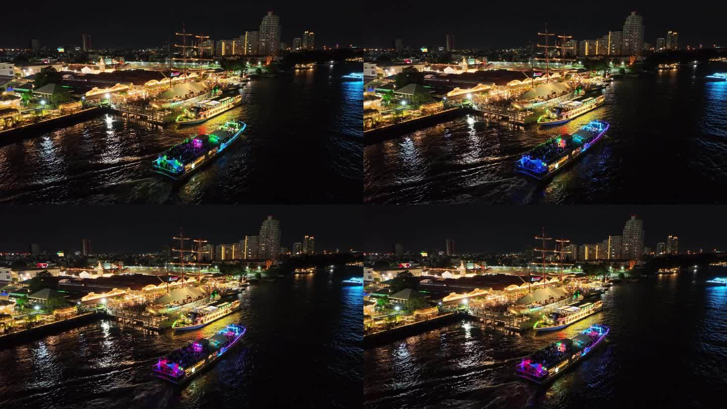 航拍泰国曼谷河滨亚洲夜市夜游湄南河风光