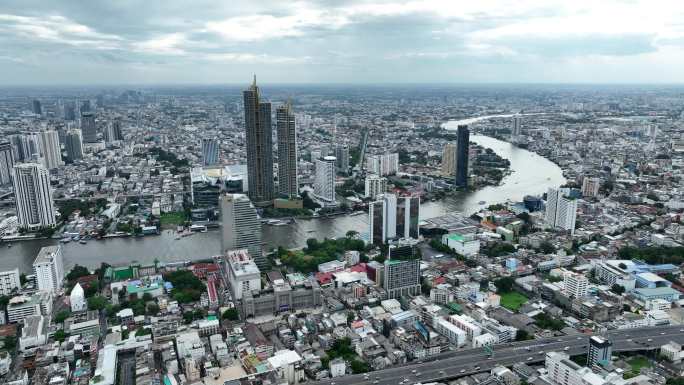 泰国曼谷湄南河城市高楼天际线航拍风光