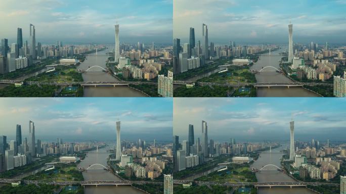 航拍傍晚的广州海心桥及珠江新城建广州塔