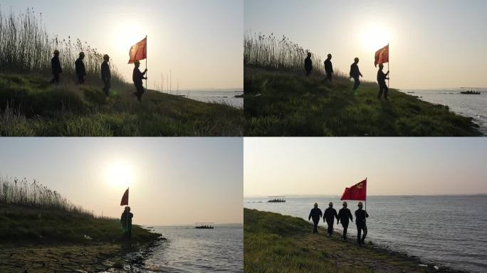 党旗飘扬在夕阳下的长江边