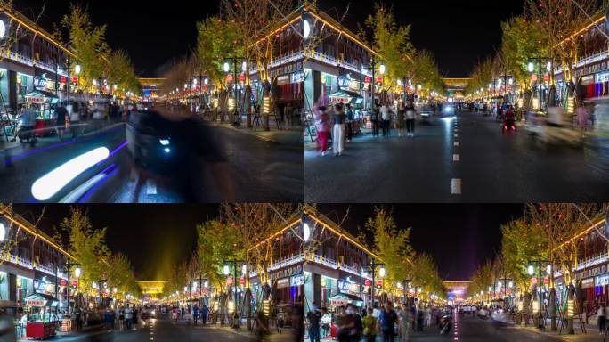 城市步行街夜景人流车流