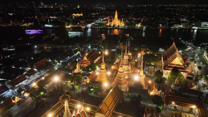原创 泰国曼谷卧佛寺大皇宫城市航拍夜景