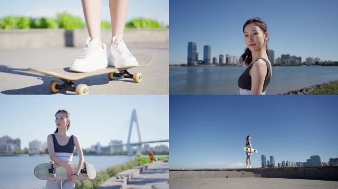 4K 滑板女孩  海边城市  青春活力