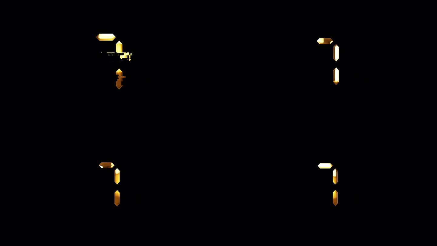 循环数字数字七金色闪耀光运动文本与故障效果动画在黑色抽象背景。推广广告概念隔离使用QuickTime