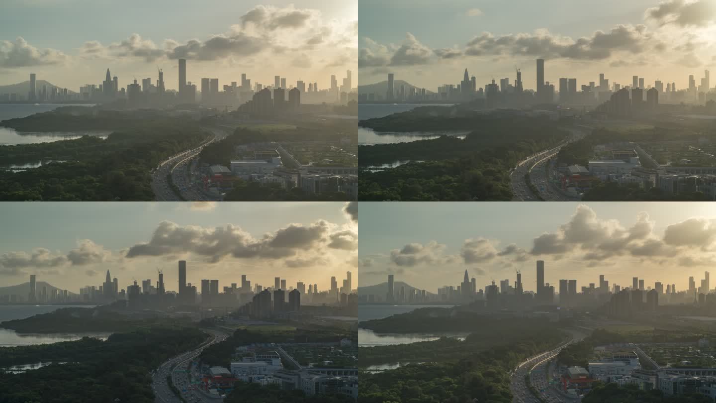 延时4K深圳免费素材城市俯瞰雾霾丁达尔光