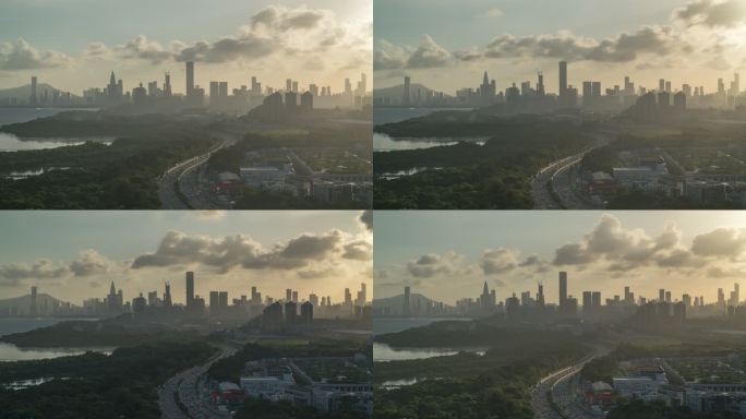 延时4K深圳免费素材城市俯瞰雾霾丁达尔光