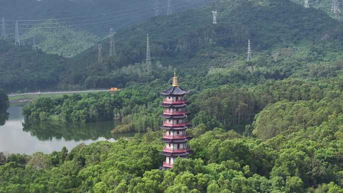 4K航拍深圳坪山区大山坡水库泰和塔