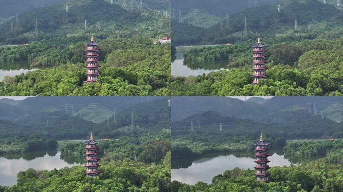 4K航拍深圳坪山区大山坡水库泰和塔