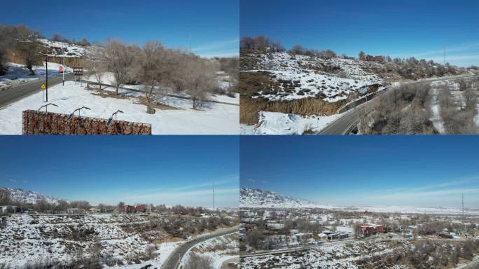 新疆自然风光雪山，房屋，公路 航拍素材
