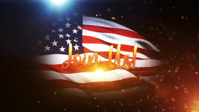 加入我们金色文字运动火焰爆发和金色粒子电影预告片标题背景与美国国旗背景。