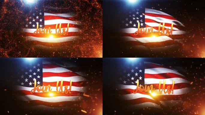 加入我们金色文字运动火焰爆发和金色粒子电影预告片标题背景与美国国旗背景。