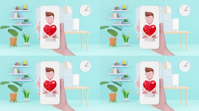 3d动画卡通人物手持心形，用智能手机发送爱心。