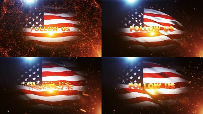 跟随我们金色文字运动与火爆发和金色粒子电影预告片标题背景与美国国旗背景。