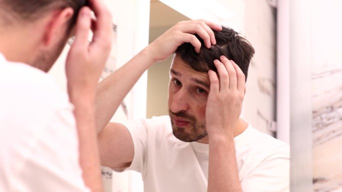 有胡子的男人站在镜子前看着自己稀疏的头发，秃顶。