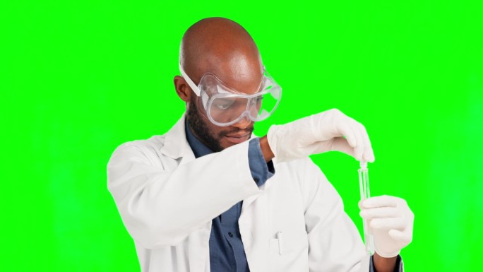 科学，试管，和黑人一起在绿幕工作室里进行医学，研究和dna分析。疫苗，医疗保健和实验与男性背景的想法