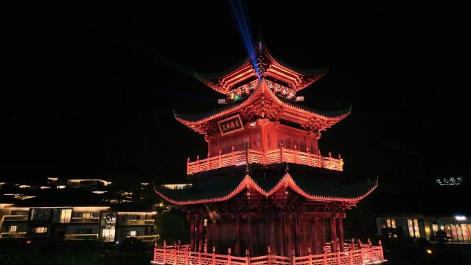 江西上饶葛仙村阁楼夜景航拍