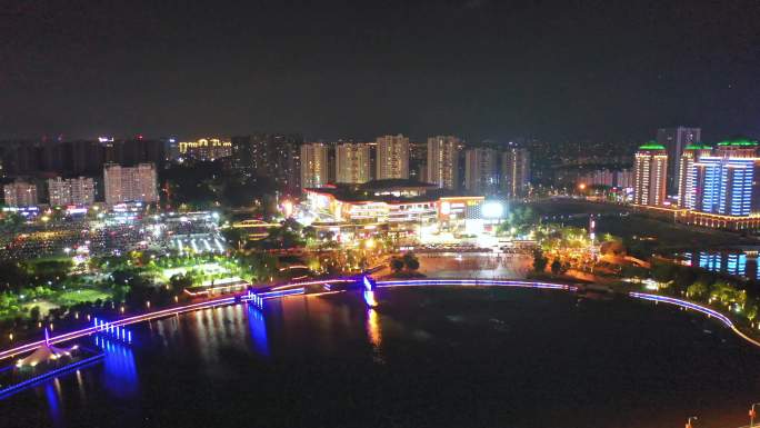 扬州西区京华城明月湖大桥夜景航拍