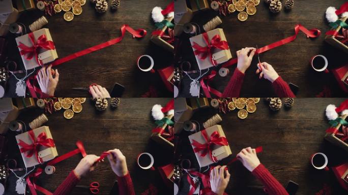 俯视图手剪纸彩带圣诞礼物工艺表从上面-红色史诗龙