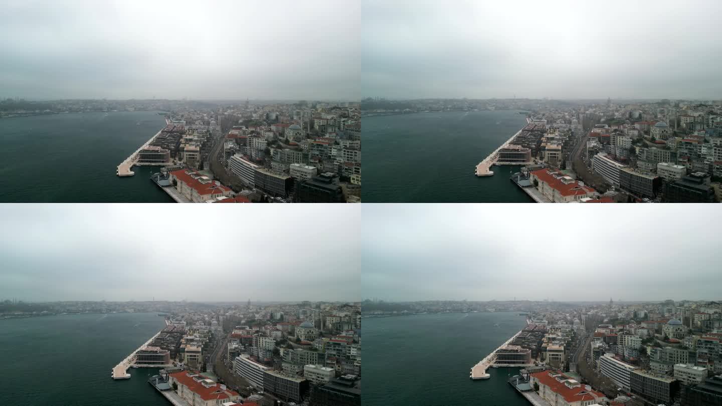 伊斯坦布尔海滨的博斯普鲁斯海峡向前飞拍