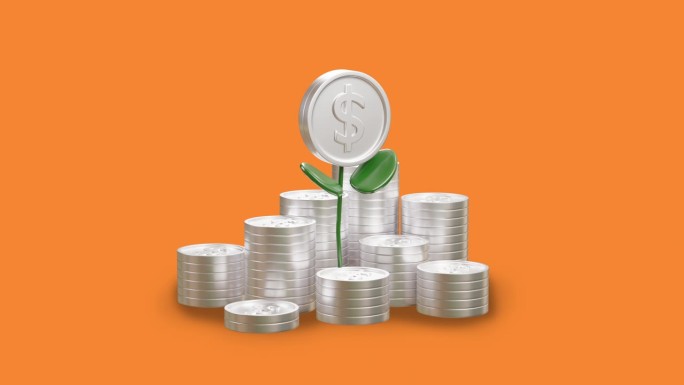 3d动画动画片上的摇钱树是一堆钱的成长。
